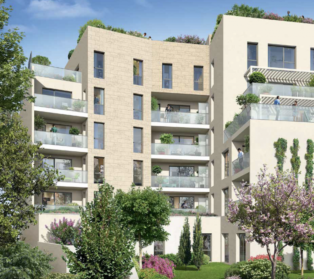 défisc pinel-résidence neuve balcons fleuris espaces verts ciel bleu