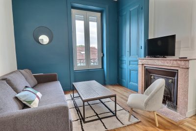 location meublée non professionnel-salon meublé cheminée murs bleu tapis parquet