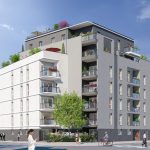 appartement neuf-résidence neuve balcons fleuris rue passants voitures ciel bleu
