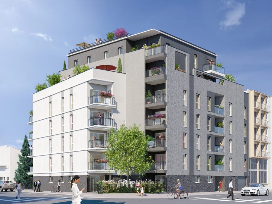 appartement neuf-résidence neuve balcons fleuris rue passants voitures ciel bleu