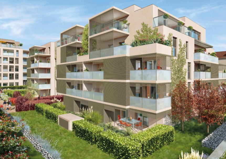 appartement pinel lyon-résidence neuve balcons fleuris espaces verts ciel bleu