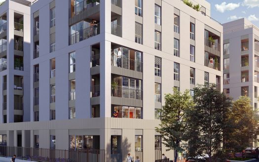 programme immobilier neuf Lyon 8-résidence neuve vehicules en stationnement arbres passants ciel bleu