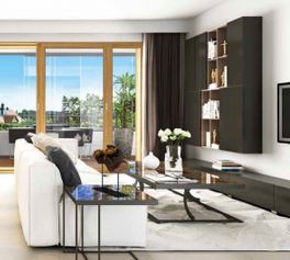 programmes immobiliers neufs lyon-salon meublé baie vitrée rideau ouvert vue sur la terrasse