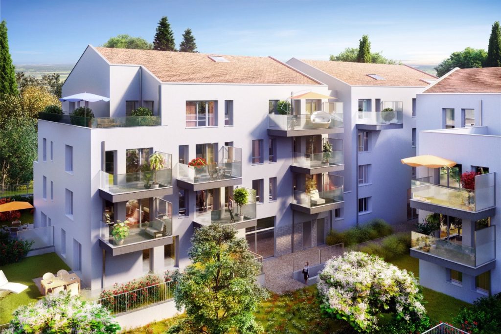 investisseur locatif- residence neuve balcons fleuries arbres ciel bleu