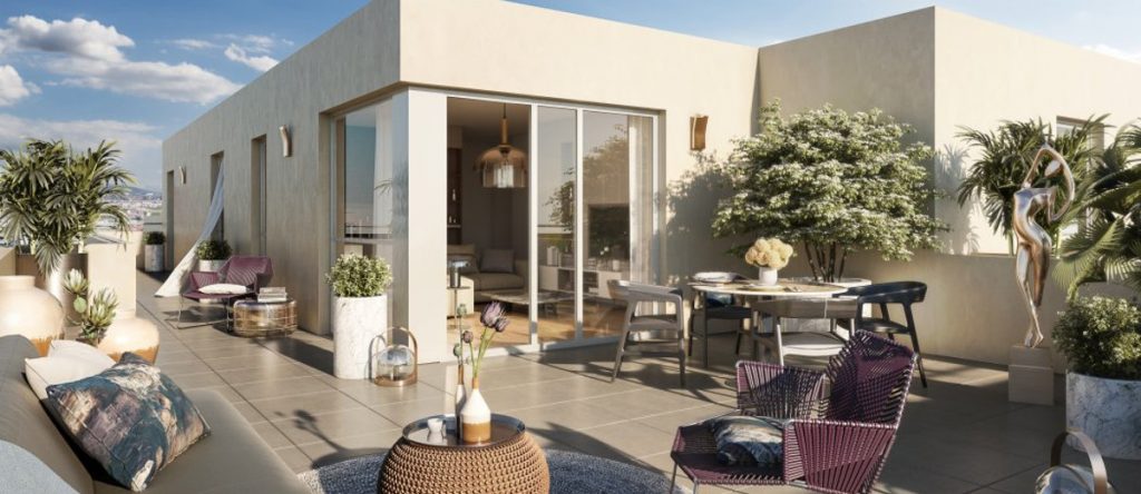 projet immobilier neuf venissieux-terrasse meublée-vue sur salon-ciel bleu