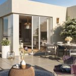 projet immobilier neuf venissieux-terrasse meublée-vue sur salon-ciel bleu
